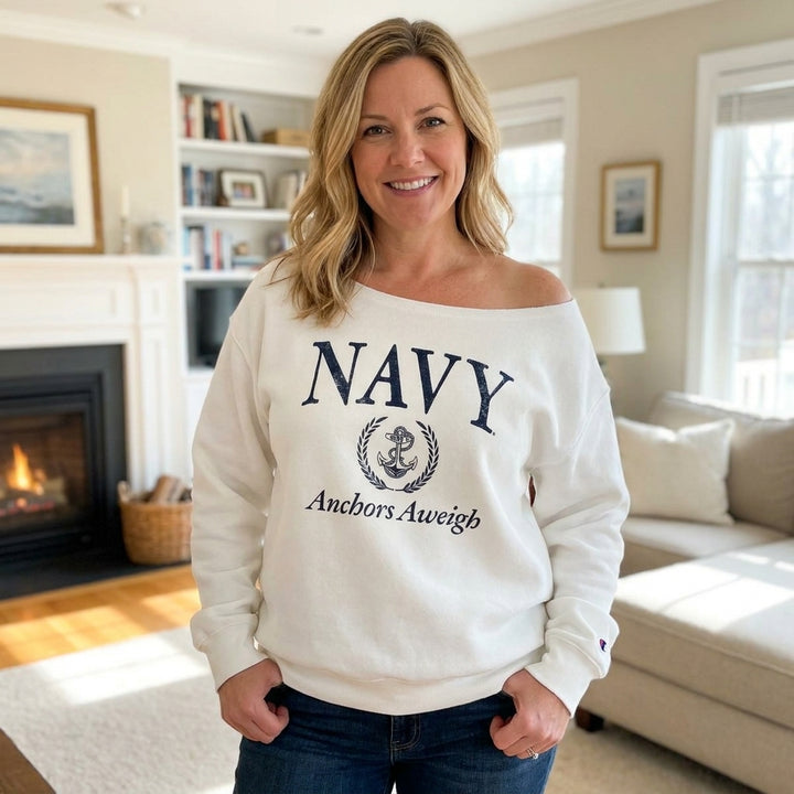 Navy Ladies Tiffany Off the Shoulder Sweatshirt (White)