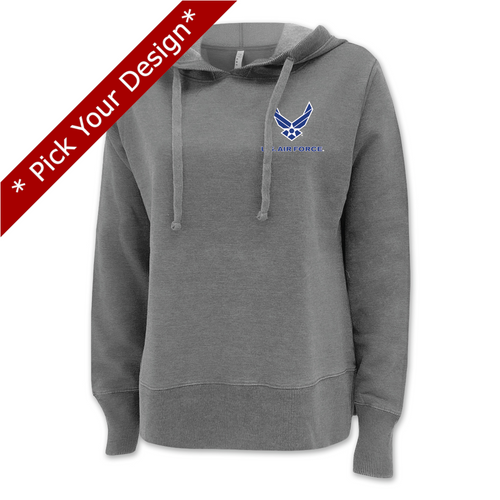 Pick Your Design Air Force Ladies Hooded Sweatshirt (Washed Grey)
