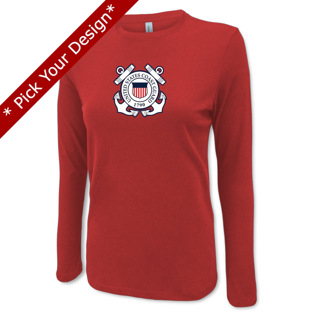 Pick Your Design Coast Guard Ladies Long Sleeve T-Shirt (Red)