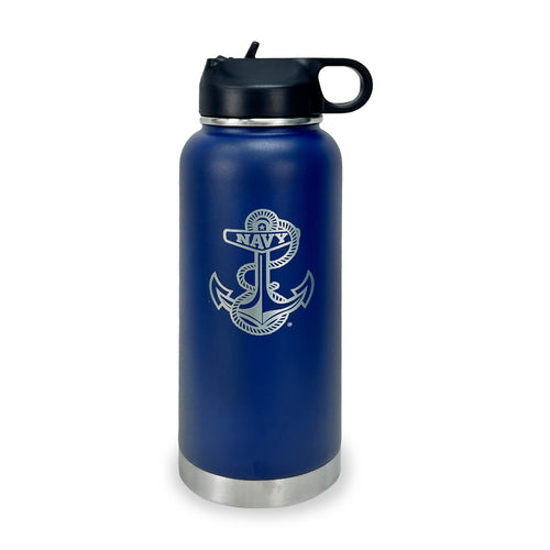 Navy Anchor Stainless Steel Laser Etched 32oz Water Bottle (Navy)