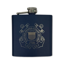 Load image into Gallery viewer, Coast Guard Seal 6oz Laser Etched Stainless Flask (Navy)
