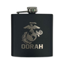 Load image into Gallery viewer, Marines EGA 6oz Laser Etched Stainless Flask (Black)