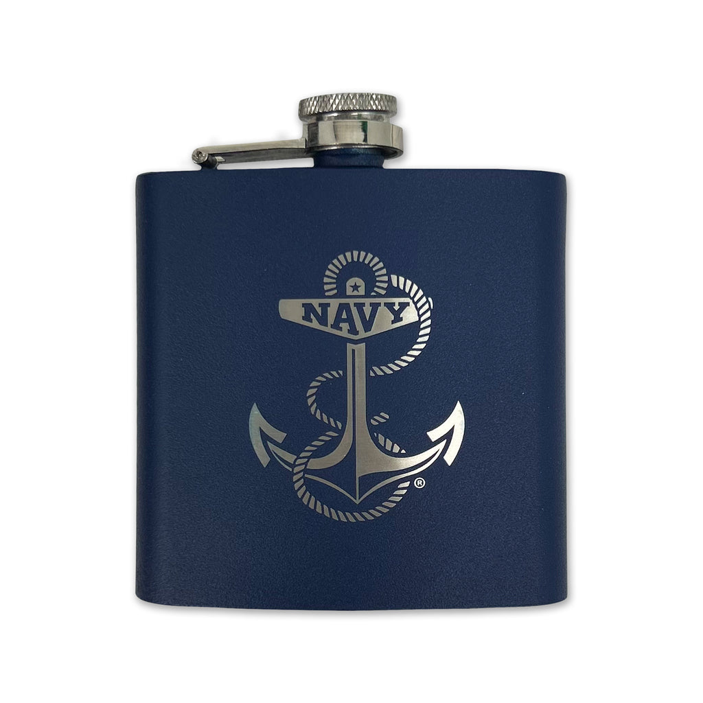 Navy Anchor 6oz Laser Etched Stainless Flask (Navy)