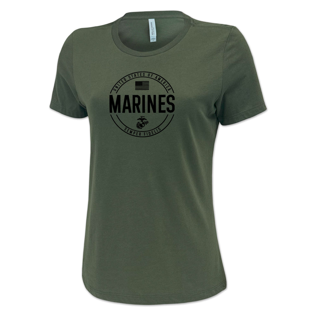Marines Ladies Center Chest Circle Logo T-Shirt (Black Design)