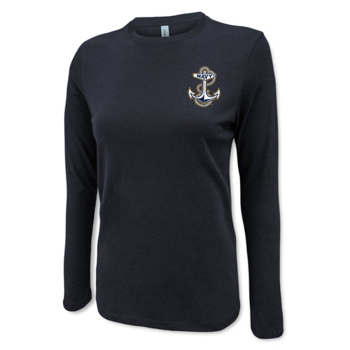 Pick Your Design Navy Ladies Long Sleeve T-Shirt (Black)