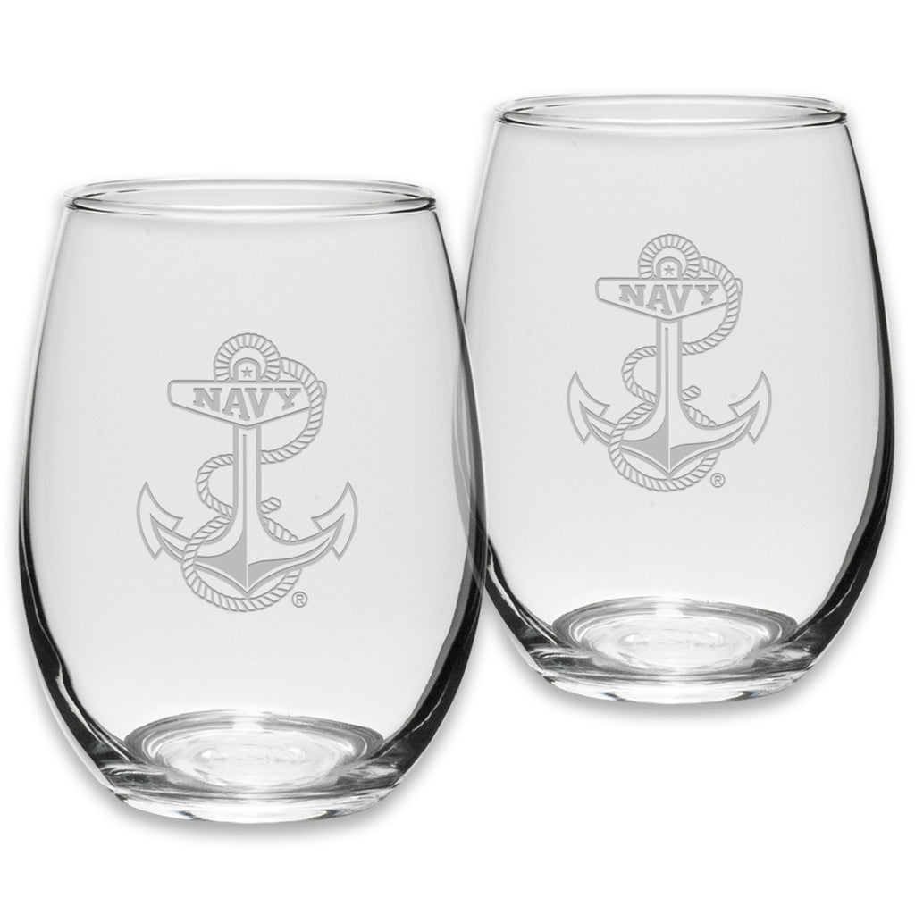 Navy Anchor Set of Two 21oz Stemless Wine Glasses (Clear)
