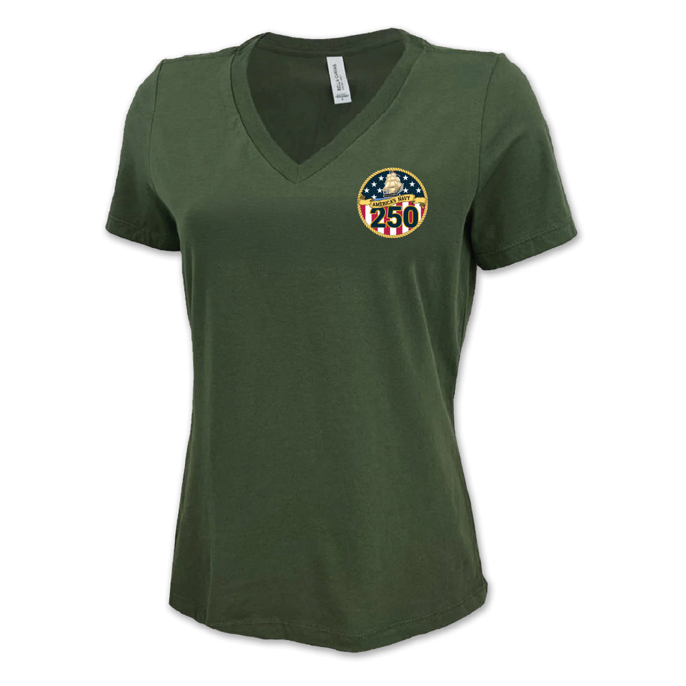 Navy 250th Anniversary Ladies V-Neck T-Shirt (OD Green)