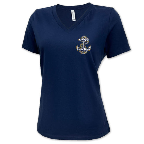 Navy Ladies Anchor Left Chest V-Neck T-Shirt (Navy)
