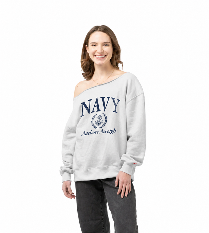 Navy Ladies Tiffany Off the Shoulder Sweatshirt (White)
