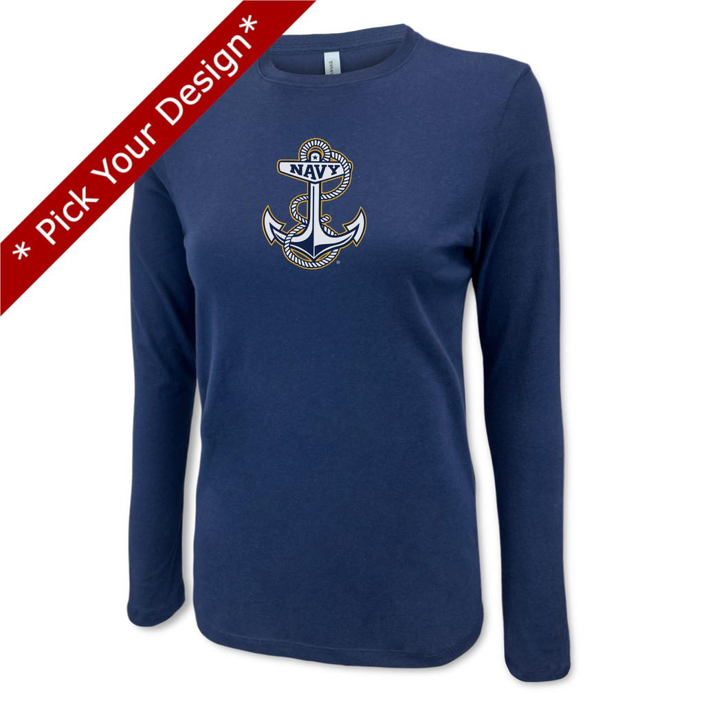 Pick Your Design Navy Ladies Long Sleeve T-Shirt (Navy)