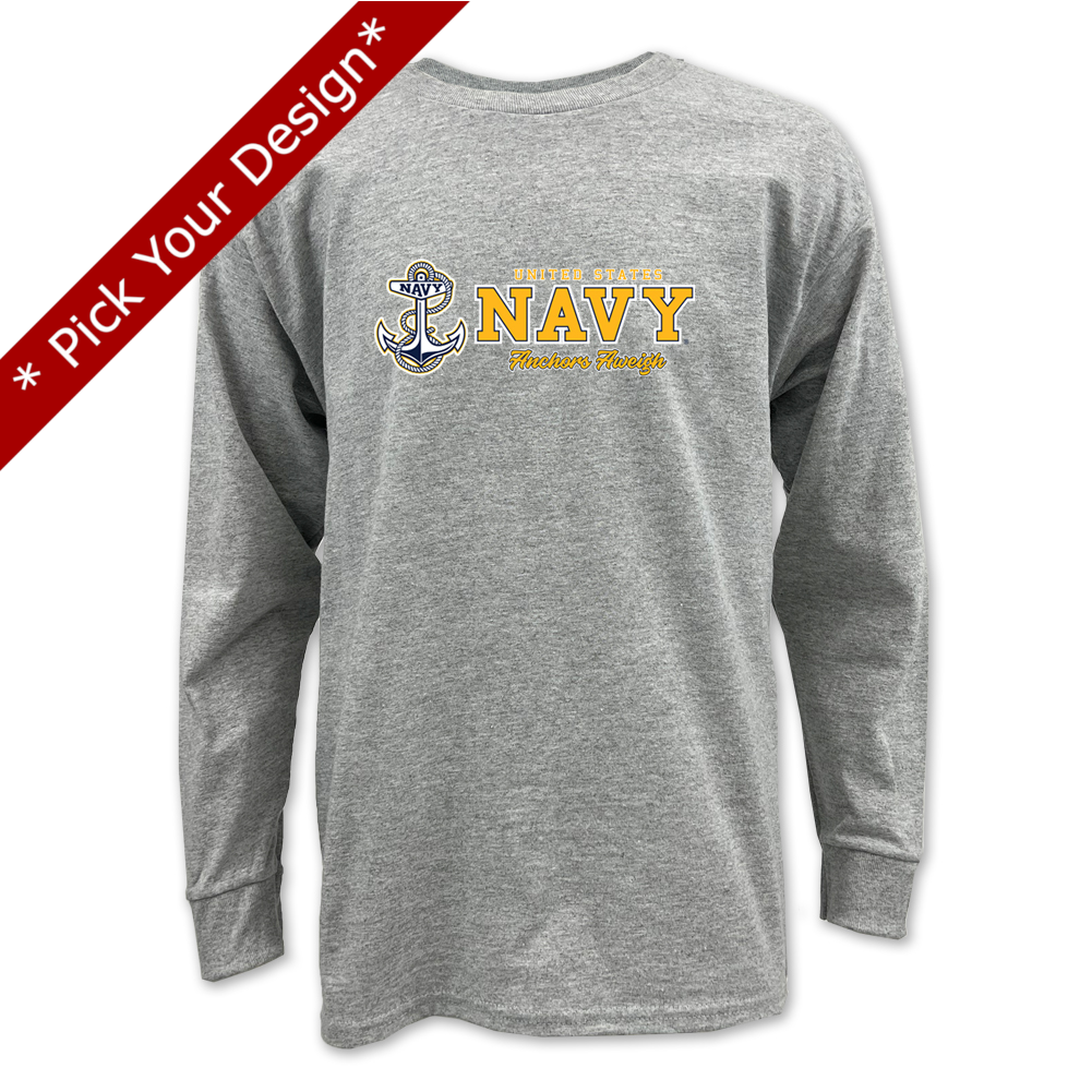 Pick Your Design Navy Youth Long Sleeve T-Shirt (Grey)
