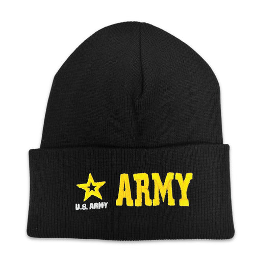 Army Star Emblem Cuffed Knit Beanie (Black)