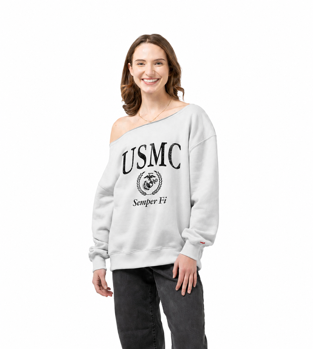 USMC Ladies Tiffany Off the Shoulder Sweatshirt (White)