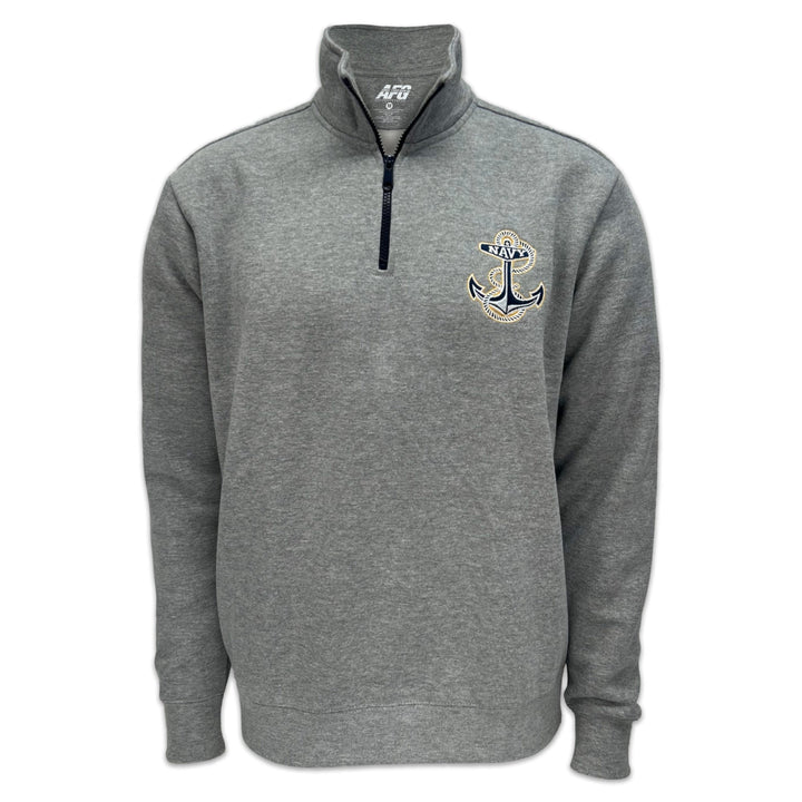 Navy Anchor Tackle Twill Embroidered Fleece Quarter Zip (Grey)