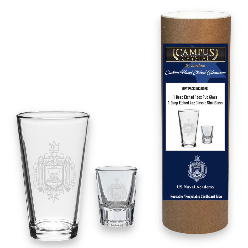 Naval Academy 16oz Deep Etched Pub Glass and 2oz Classic Shot Glass (Clear)