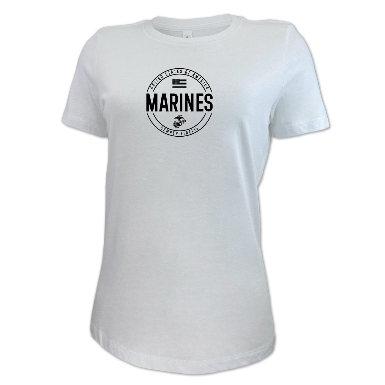 Marines Ladies Center Chest Circle Logo T-Shirt (Black Design)