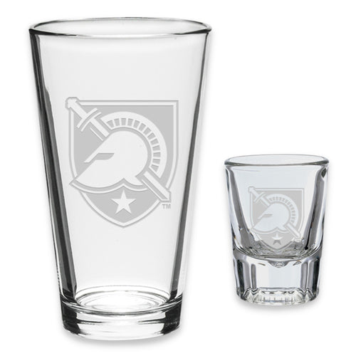 Army West Point 16oz Deep Etched Pub Glass and 2oz Classic Shot Glass (Clear)
