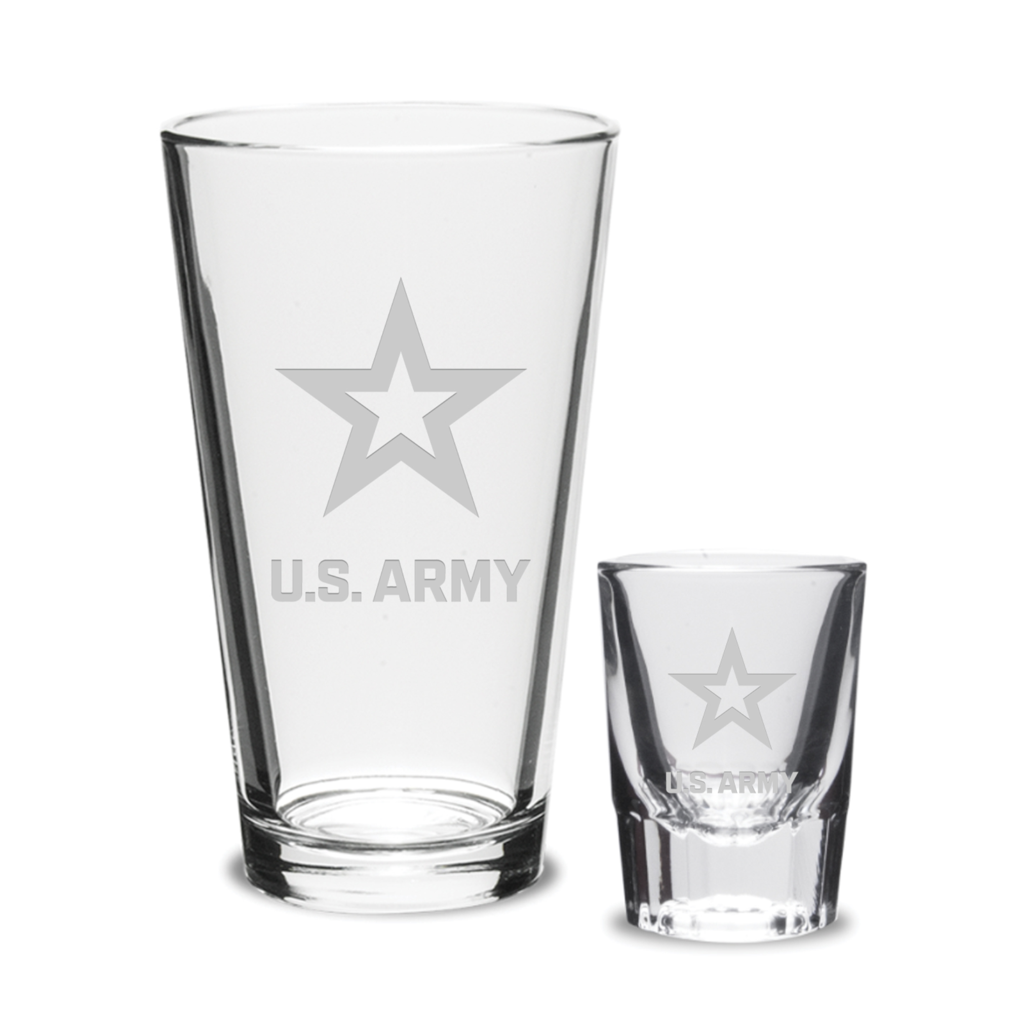 Army Star 16oz Deep Etched Pub Glass and 2oz Classic Shot Glass (Clear)