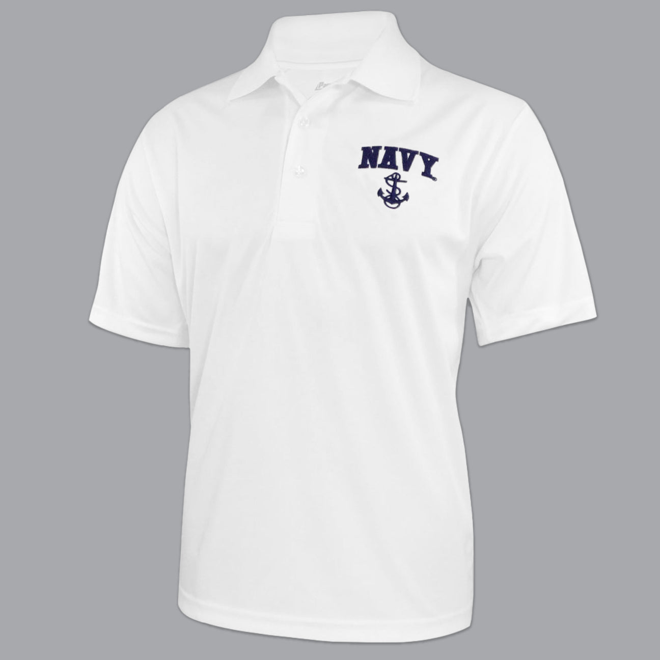 Navy Anchor Embroidered Performance Polo (White)