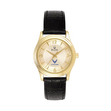 Load image into Gallery viewer, Air Force Wings Ladies Bulova Black Leather Strap Gold Plated Watch (Black)