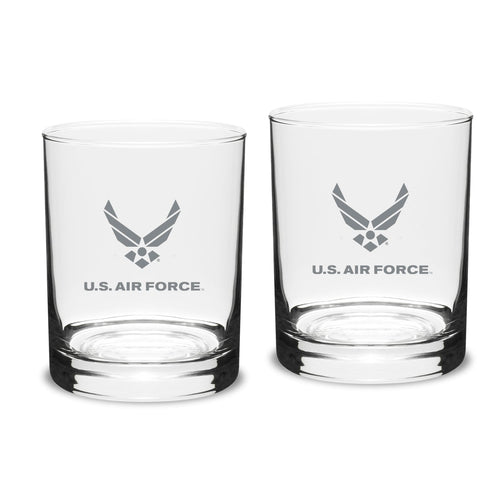 Air Force Wings 14oz Deep Etched Double Old Fashion Glasses (Clear)