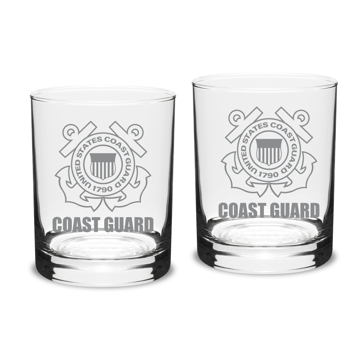 Coast Guard Seal 14oz Deep Etched Double Old Fashion Glasses (Clear)