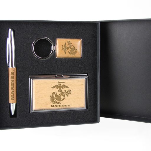 Marines EGA Silver/Wood Gift Set with Pen, Keychain & Business Card Case
