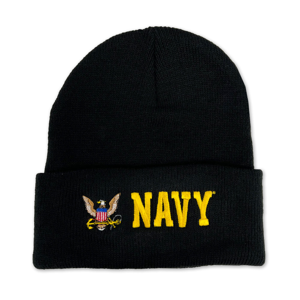 Navy Eagle Emblem Cuffed Knit Beanie (Black)