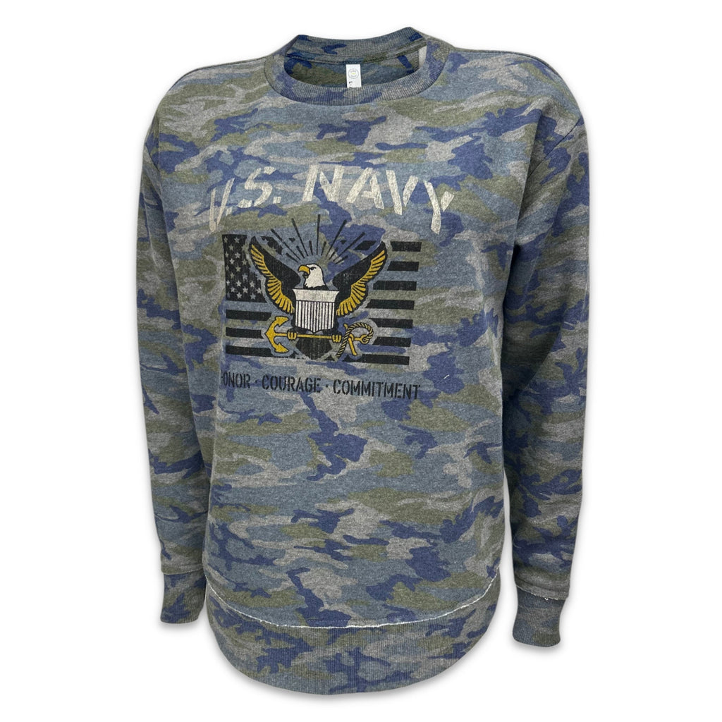 Navy Ladies Vintage Stencil Fleece Crewneck (Camo)