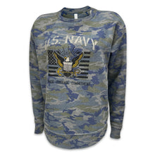 Load image into Gallery viewer, Navy Ladies Vintage Stencil Fleece Crewneck (Camo)