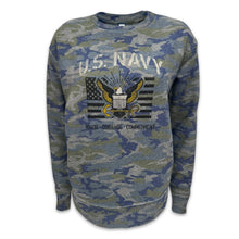 Load image into Gallery viewer, Navy Ladies Vintage Stencil Fleece Crewneck (Camo)