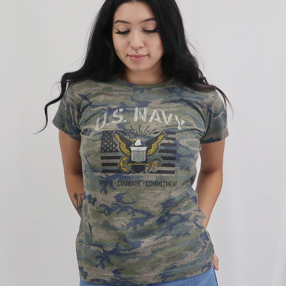 Navy Ladies Vintage Stencil T-Shirt (Camo)