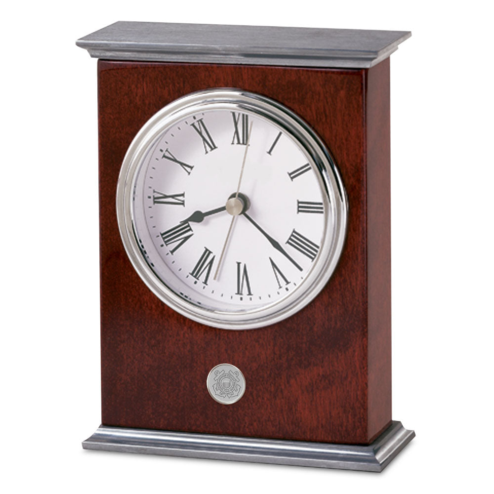 Coast Guard Seal Rosewood Finish Desk Clock (Silver)