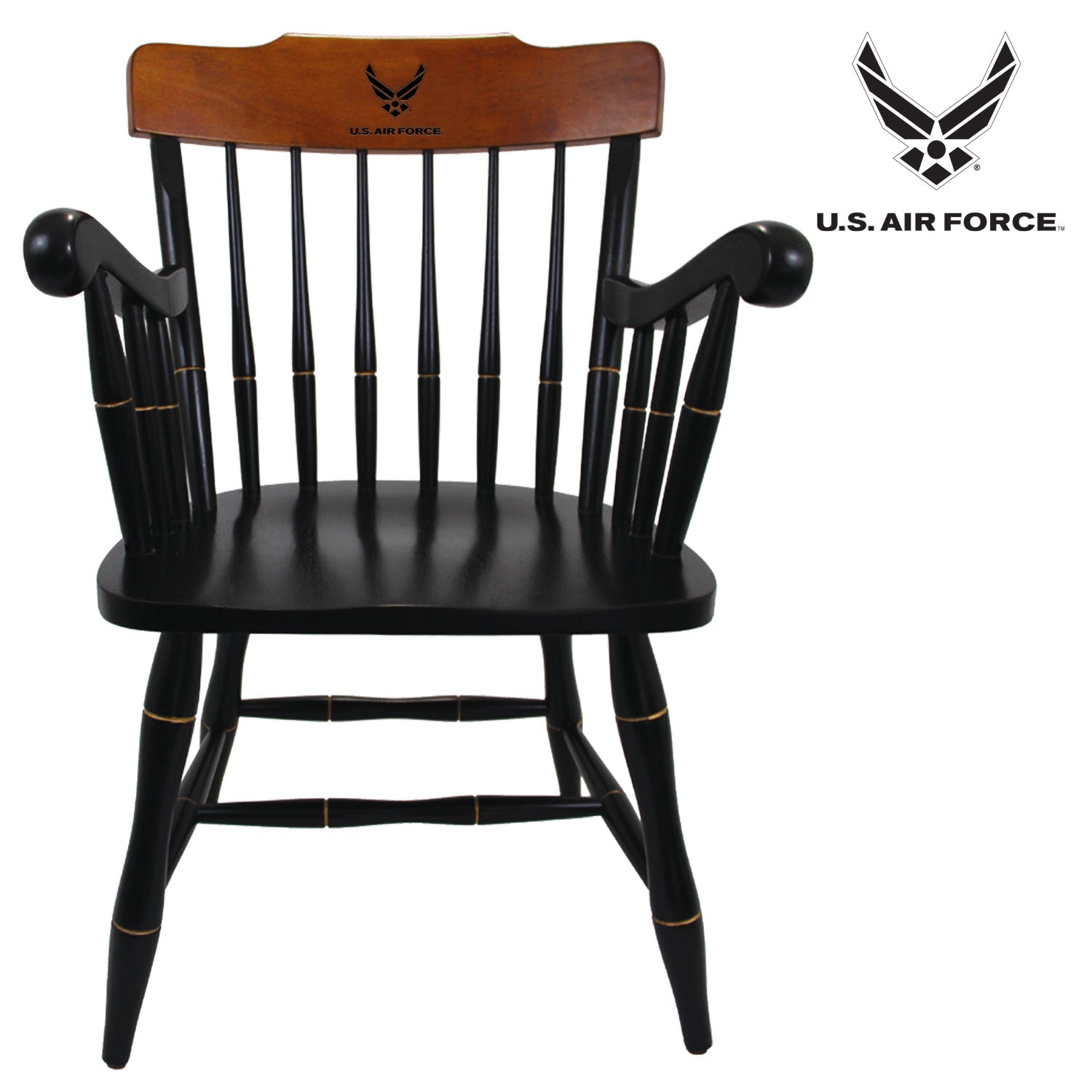 Air Force Wings Wooden Captain Chair (Black with Cherry Crown)