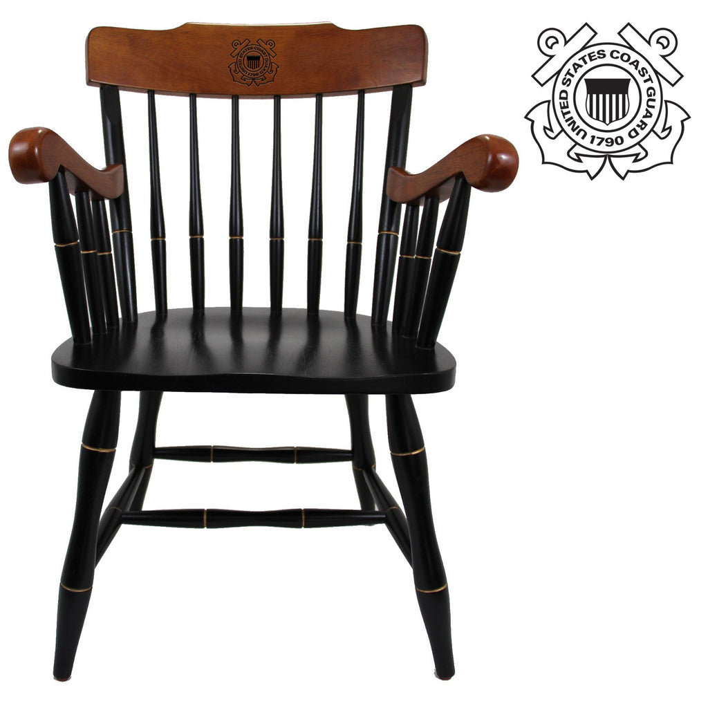 Coast Guard Seal Wooden Captain Chair (Black - Cherry Arms & Crown)