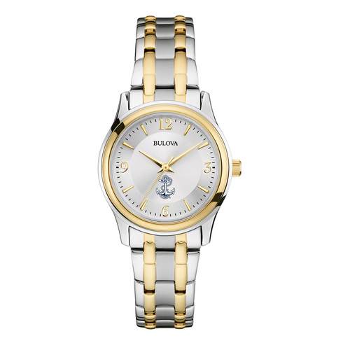 Navy Anchor Ladies Bulova Stainless Steel Bracelet Watch (Silver/Gold)