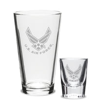 Load image into Gallery viewer, Air Force Wings 16oz Deep Etched Pub Glass and 2oz Classic Shot Glass (Clear)