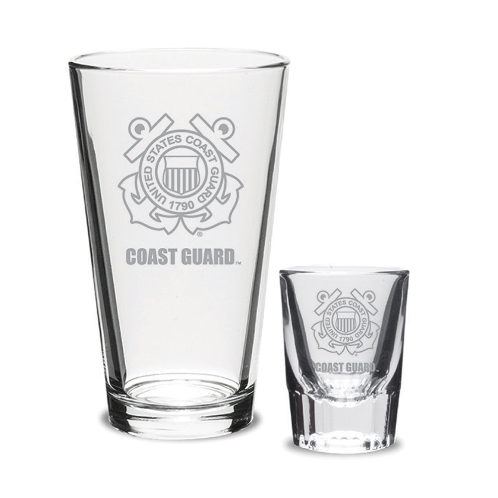 Coast Guard Seal 16oz Deep Etched Pub Glass and 2oz Classic Shot Glass (Clear)
