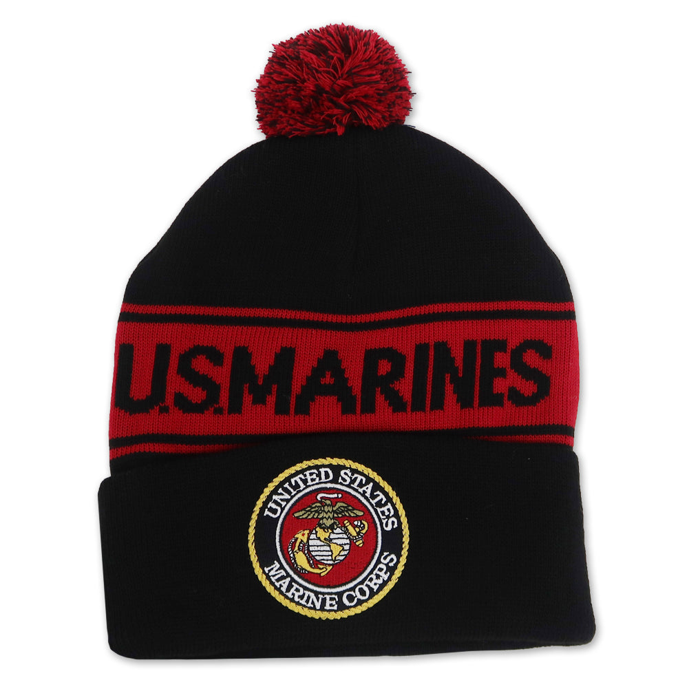 Marines Pom Pom Knit Beanie (Black)