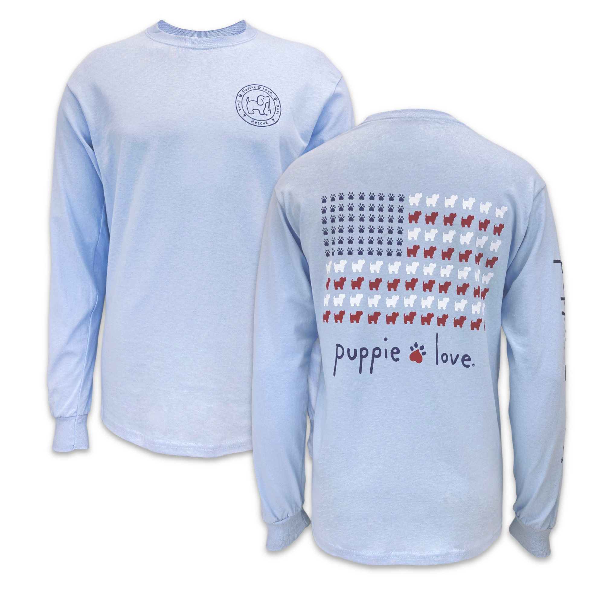 Puppie Love USA Flag Long Sleeve T-Shirt (Light Blue)