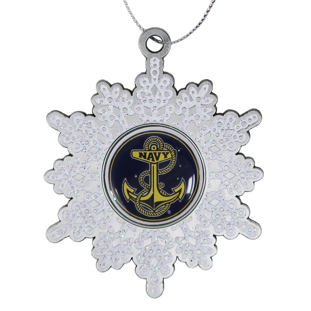 Navy Anchor White Glitter Pewter Snowflake Ornament (2.5")