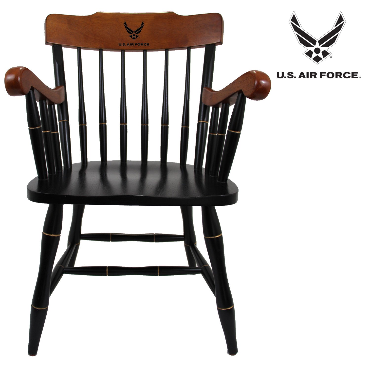 Air Force Wings Wooden Captain Chair (Black - Cherry Arms & Crown)